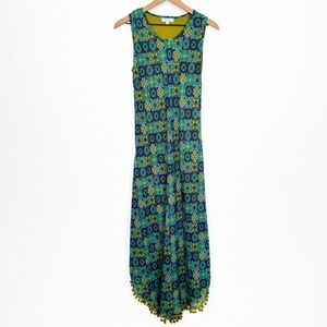 Artsy Bohemian Chiffon Dress Womens‎ Medium* Green Maxi Tropical Beachy Coastal
